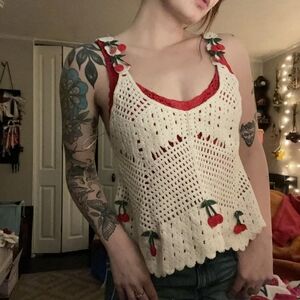 Crochet Bohemian Cherry Applique Novelty Festival Tank Top Md